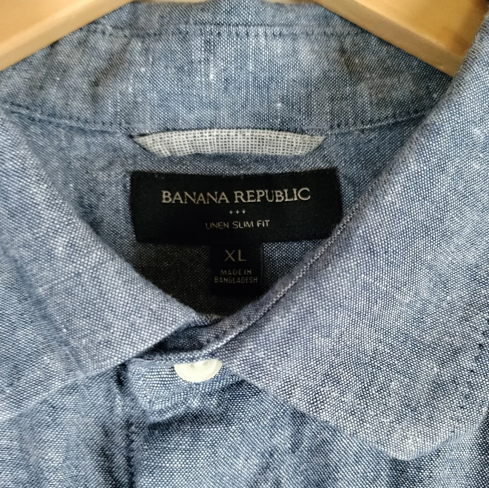 Banana Republic Men's XL Linen Cotton Shirt Slim Fit Blue Short Sleeve‎ Casual